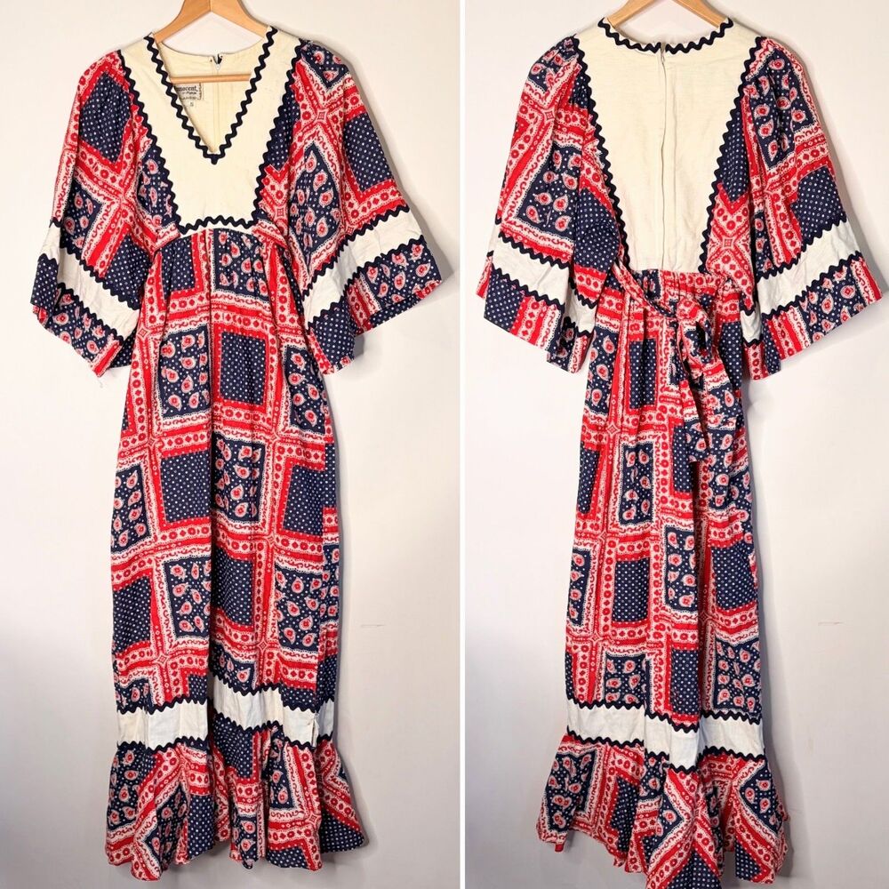 Vintage Young Innocent Arpeja Dress Cottagecore Red White Blue Paisley Women XS